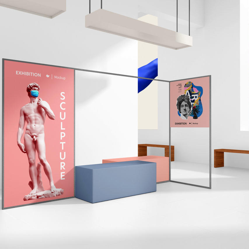 海报展示白色室内空间白色展厅展览展示架样机左视图